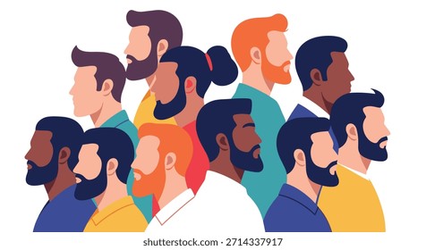 Diverso grupo de hombres con estilo y barbas se encuentra en una vibrante ilustración de multitud que destaca la unidad y la individualidad en una escena moderna de la ciudad.