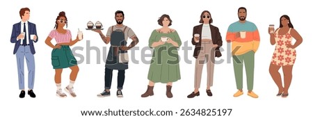 Diverse group of stylish people drinking coffee. Modern vector illustration of barista, friends, and office workers in casual and trendy outfits. Perfect for cafe, lifestyle, or community themes.