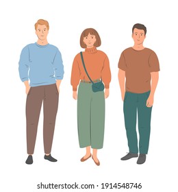 Diverso grupo de gente elegante de pie juntos. Hombres, mujeres con ropa informal. Ilustración vectorial.