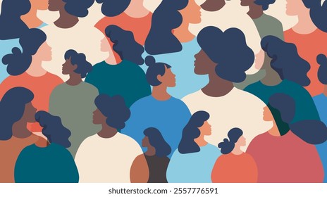 Diverse group of stylish people standing together. Crowd of young and elderly men and women in trendy hipster clothes. Society or population, social diversity. Flat cartoon vector illustration.