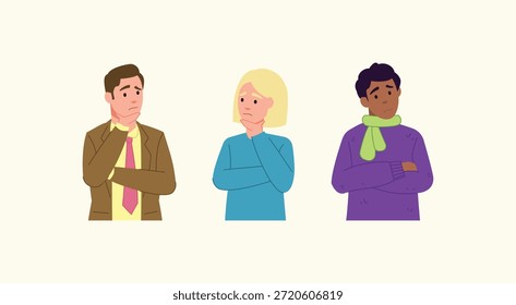 Grupo diverso de tres personas que piensan, se sienten confundidos y dudan. Ilustración vectorial plana de hombres y mujeres con expresiones reflexivas. Conjunto de personajes de personas reflexionando, tomando decisiones