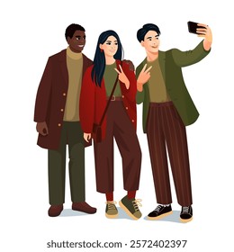 A diverse group of three stylish friends taking a selfie together, smiling and posing with peace signs. The illustration features individuals in fashionable fall outfits, including coats, trousers