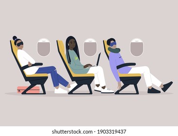 A diverse group of travelers sleeping and working on board, an airplane inside