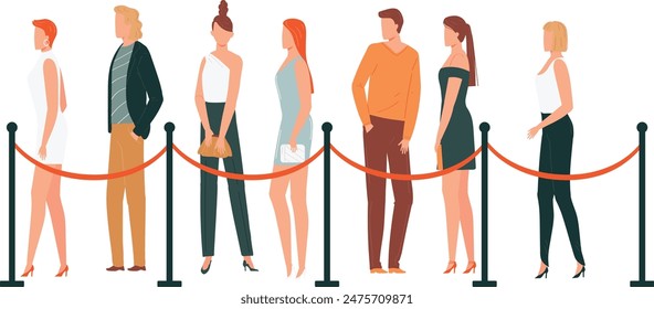 Diverse group waiting line roped queue area stanchions. Adults stand patiently event entrance fashionable clothing. Modern flat design people vector isolated white background