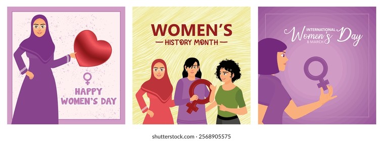 A diverse group of women celebrate Women's History Month. Equal rights of women. Woman with female symbol. Women's History Month 2025 concept. Set flat vector illustration.