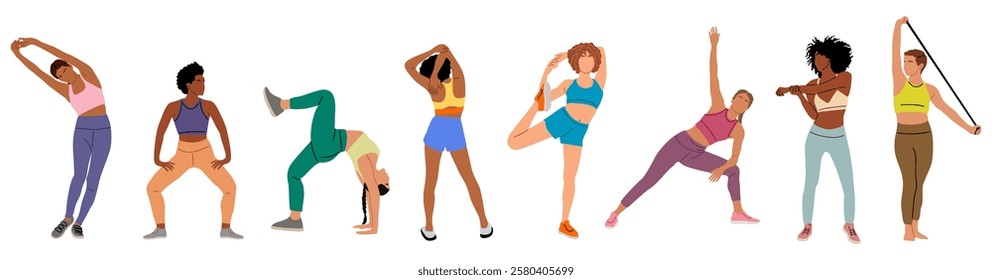 Diverse group of women are doing various exercises, including yoga and stretching. Concept of health and fitness. Flat colorful vector illustration isolated on white background