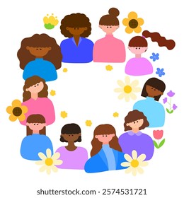 diverse group of women in floral circle celebrating empowerment and equality for international women’s day flat vector illustration