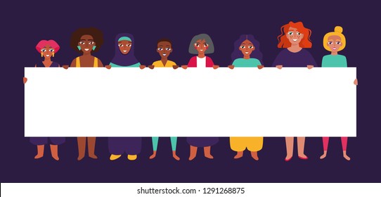 Diverse group of women holding banner. Flat style vector illustration 