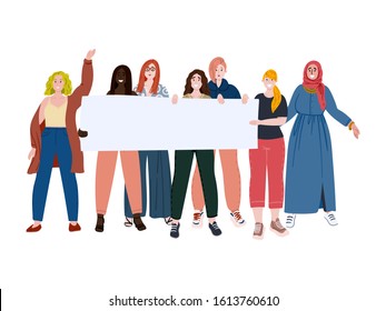 Diverse group of women holding blank banner in hands. Diversity and woman power, we are stronger together. Cartoon flat hand drawn concept vector illustration. 