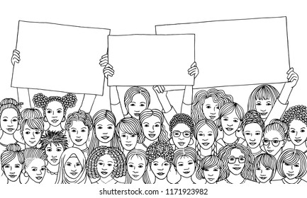 Diverse group of women holding empty signs, black and white illustration