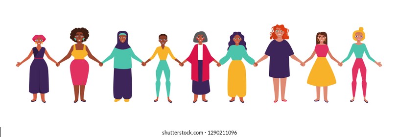 Diverse group of women holding hands. Flat style vector illustration 