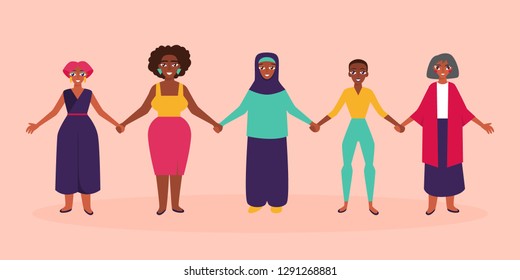 Diverse group of women holding hands. Flat style vector illustration 