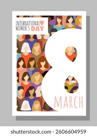 Diverse group of women illustrated in flat style inside a number 8 shape on a gray background, celebrating International Women s Day. Vector illustration