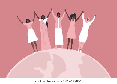 Diverse group of women. International Women's Day concept. Women holding hands, stand on the globe. Women's community. Female solidarity. Silhouettes of different women. Vector illustration in pink