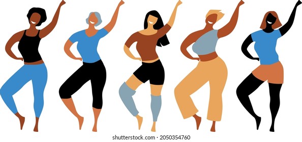 Diverse group of women participating in a dancing workout class,  EPS 8 vector illustration