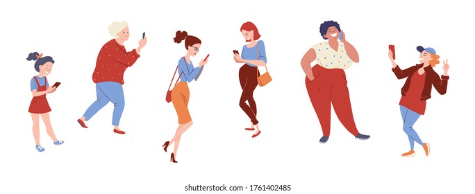 Diverse group of women with smartphones. People talking, texting, searching internet. Gadget addiction concept banner. Vector character illustration isolated on white. 