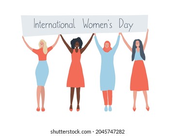 Diverse group of women are stand together and hold a poster. International Women's Day concept. Women's community. Female solidarity. Vector illustration