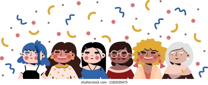 a diverse group of women stands together colorful vector illustration. women of different ages, and ethnicity. international unity of women. women's day