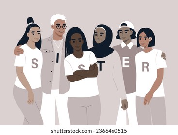 A diverse group of women stands united, offering mutual support and warm embraces, with the word Sister displayed on their shirts, each letter standing on its own