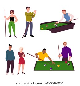 Diverse group of young adults engaged in playing billiards. Vector illustration set features men and women with cues, around pool tables, in casual attire.