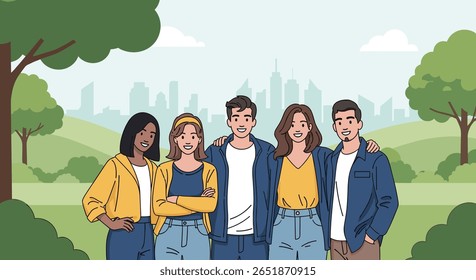 Diverse group of young adults enjoying a sunny day in a park with city skyline in the background