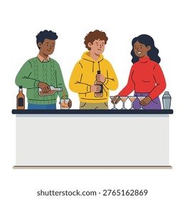 A diverse group of young adults preparing drinks behind a counter, with bottles and glasses visible.