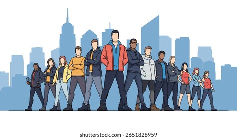 Grupo diverso de jovens adultos de pé orgulhosamente juntos contra o horizonte da cidade