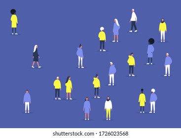 A diverse group of young characters, different ethnicities and gender balance, Social distancing