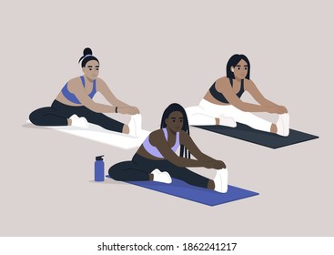 A diverse group of young female characters doing a hamstring stretch, a gym group workout scene, sport outfit