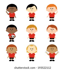 Diverse group of young football players. Children soccer team wearing uniforms. Vector illustration