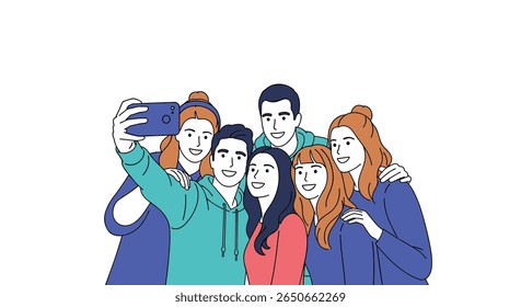 Um grupo diversificado de jovens amigos capturando um momento querido junto com uma selfie de smartphone