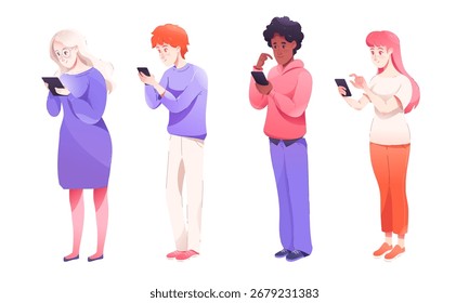 Un grupo diverso de jóvenes involucrados activamente con sus teléfonos inteligentes y dispositivos