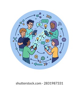 A diverse group of young individuals interacting and sharing ideas using their smartphones and tablets in a connected network