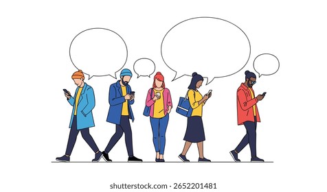 Diverse group of young people communicating using smartphones and speech bubbles