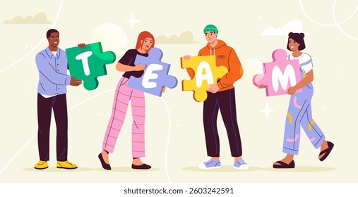 Diverse group of young people holding large puzzle pieces forming the word TEAM on a light abstract background. Concept of teamwork, collaboration, and unity. Vector illustration