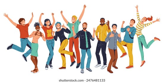 A diverse group of young people joyfully jumping together, smiling and carefree. White background, low angle shot. Perfect for illustrating happiness, joy, diversity, teamwork.