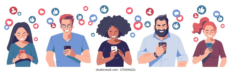 Diverse group of young people with smartphones. Getting likes in social media concept banner. Like buttons, messages and followers icons. Cartoon character, vector illustration.