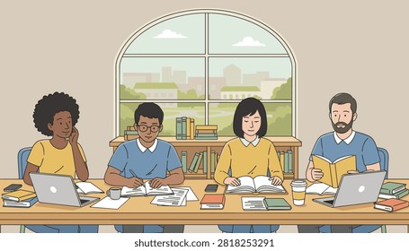 Diverse group of young students sits around a library table studying with laptops and books in front of a scenic window.