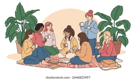 A Diverse Group of Young Women Enjoying a Relaxing Indoor Gathering With Hot Beverages Surrounded by Lush Greenery and Warm Sunlight
