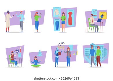 Diverse groups of people engaged with virtual reality technology in educational settings. People exploring subjects like science, health, and business trends. Interactive learning concept