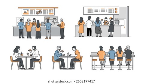 Diverse groups of people enjoying meals at casual dining establishments and ordering food from counter service restaurants for lunch or dinner
