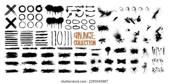 Diverse grunge graphic set, spray graffiti stencil, brushstroke, ink callouts for text paint and ink splashes, grainy, dust, spray effect. Brush strokes, arrows, brackets, circles. Vector grunge set