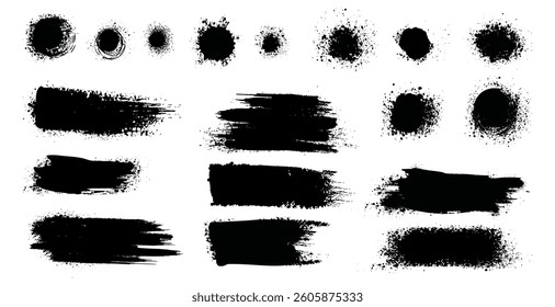 Diverse grunge painting set, distressed aesthetic. Vector spray or brush strokes, brushstroke, ink callouts for text paint and splashes. Lines and dots with grainy, dust, spray effect