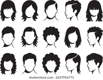 Diverse hairstyles icons black silhouettes set