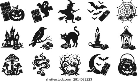 A diverse Halloween vector bundle featuring classic spooky elements like pumpkins, ghosts, witches, bats, and haunted houses in a sleek black silhouette style.