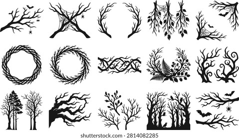 A diverse Halloween vector bundle featuring spooky silhouettes of branches, spiderwebs, wreaths, trees, and bats – perfect for seasonal designs.