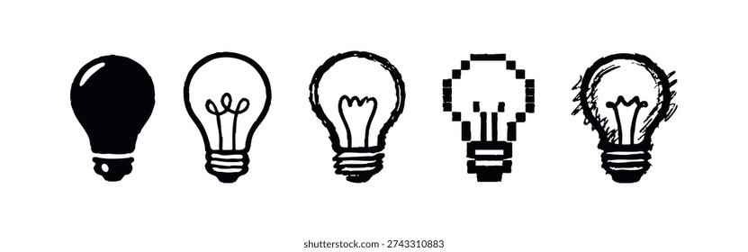 Diverse Hand Drawn Light Bulb Icons: Creative Sketchy, Pixel Art, and Solid Lightbulb Symbols for Innovation