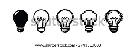 Diverse Hand Drawn Light Bulb Icons: Creative Sketchy, Pixel Art, and Solid Lightbulb Symbols for Innovation