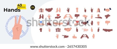 Diverse hand gestures and emotions cartoon flat illustrations mega bundle. Peace sign, handshakes, fists, hearts, victory fingers 2D images isolated on white. Collection vector drawings colorful
