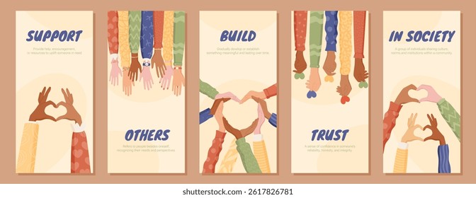Diverse hand gestures and heart shapes in flat style set. A set of hands forming heart gesture shows people supporting their community with solidarity. Perfect for team and poster concepts.